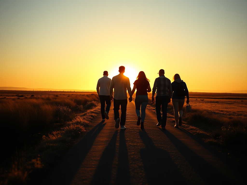 Grupo de personas caminando juntas por un camino que se extiende hacia un horizonte iluminado por el amanecer; representa el viaje compartido hacia objetivos comunes, enfatizando la importancia de avanzar unidos y la cultura como guía en ese camino.